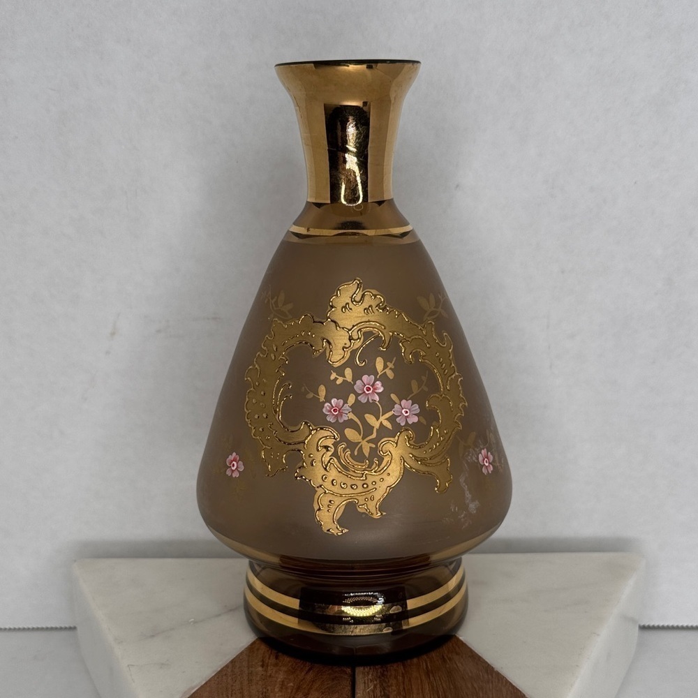 Vintage Gold and Pink Hand Painted Floral Vase